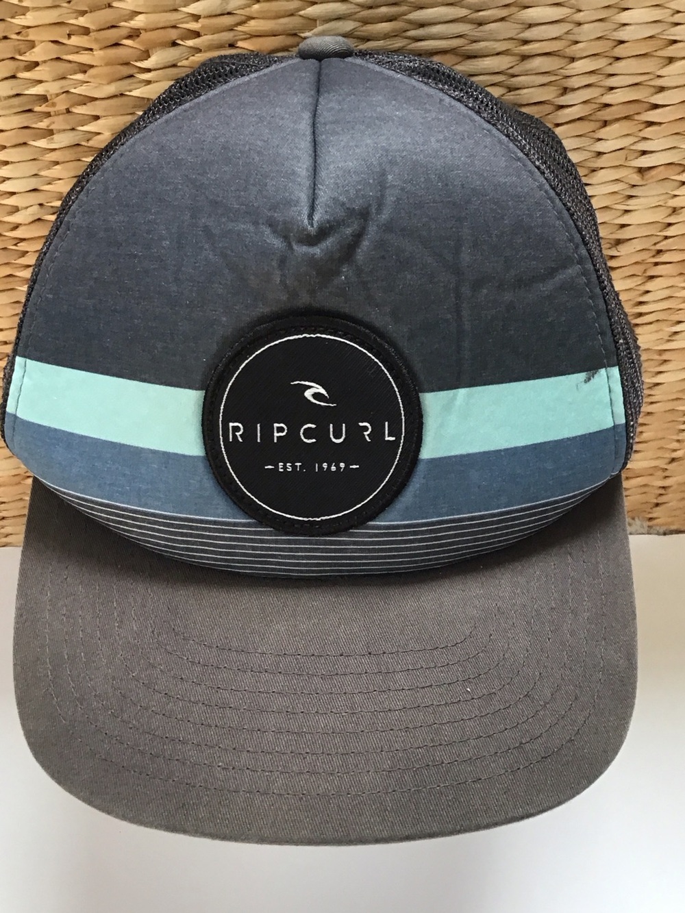 VTG Rip Curl 1969 Gray Trucker Hat with Teal & Blue Stripes Surfing Hawaii
